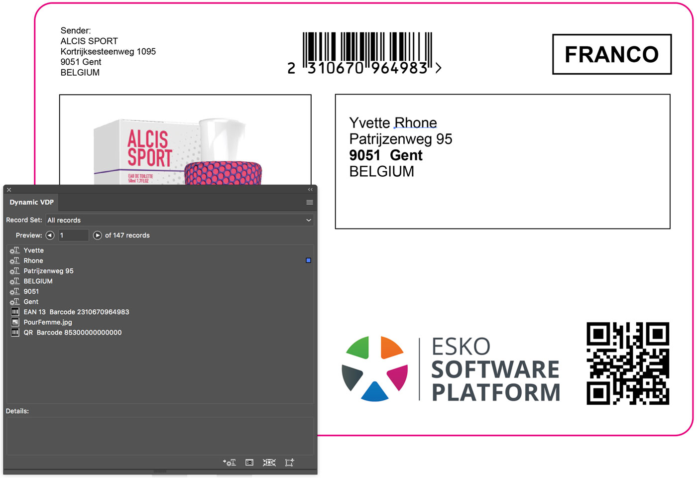 DeskPack Dynamic VDP panels in front of an Alcis Sport barcode