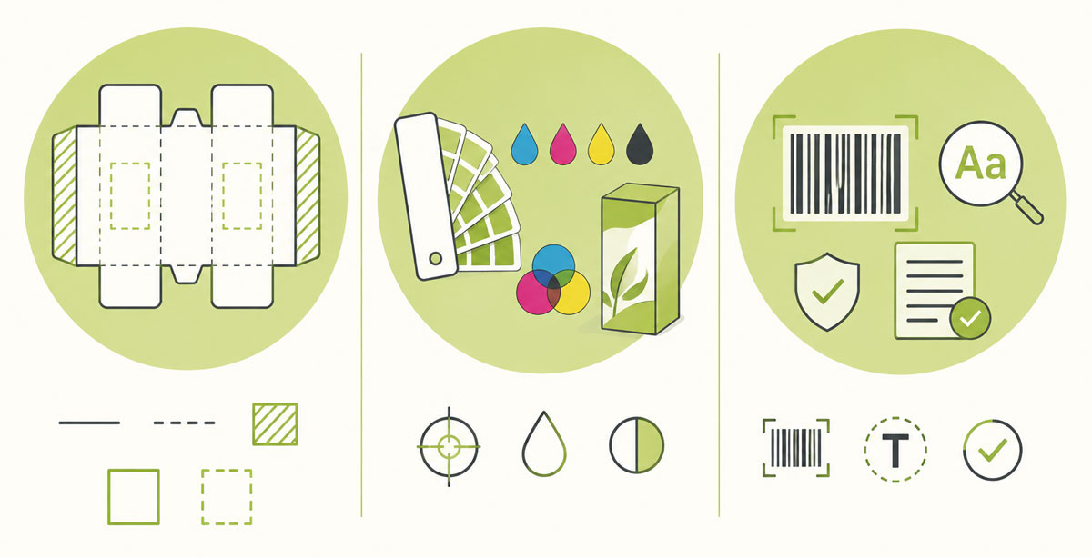 Key Technical Elements in Packaging Prepress Dielines, Bleed, Safe Area, and Cut/Fold Zones Spot Colors, CMYK, and Extended Color Considerations Barcodes, Small Text, and Other Critical Print Elements
